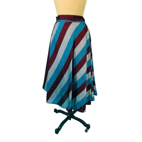 Vintage 1980s Stripe Skirt Blue Gray Burgundy Striped | W 25-30" - Picture 3 of 10